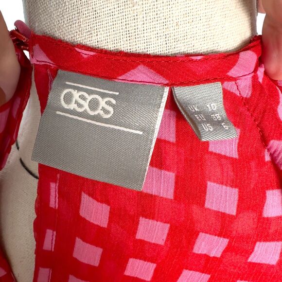 ASOS Women's Red Gingham 3/4‎ Sleeve Crew Neck Back Keyhole Smock Dress Size 6 - Picture 7 of 7